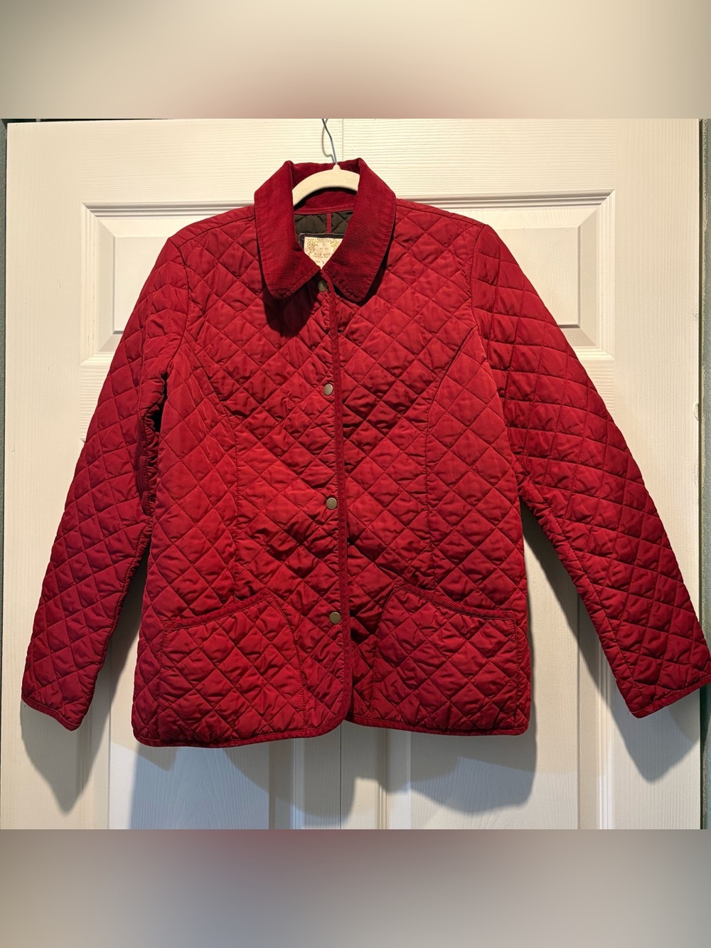 Old Navy Women’s Vtg Quilted Red Utility Jacket Corduroy Collar Classic Snap L